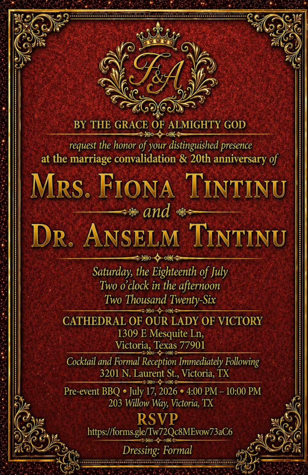 Marriage convalidation and 20th anniversary invitation for Mrs. Fiona Tintinu and Dr. Anselm Tintinu